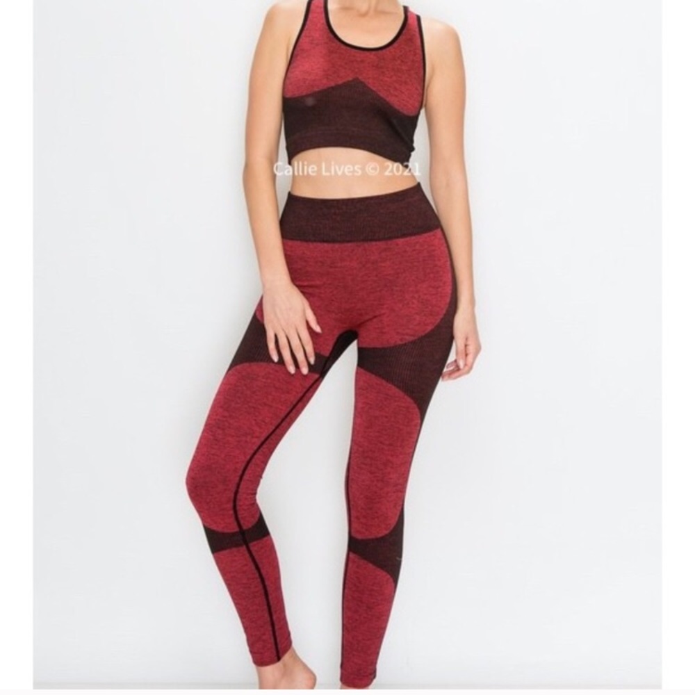NEW Burgundy Black Color Block Body Contouring Leggings & Sports Bra